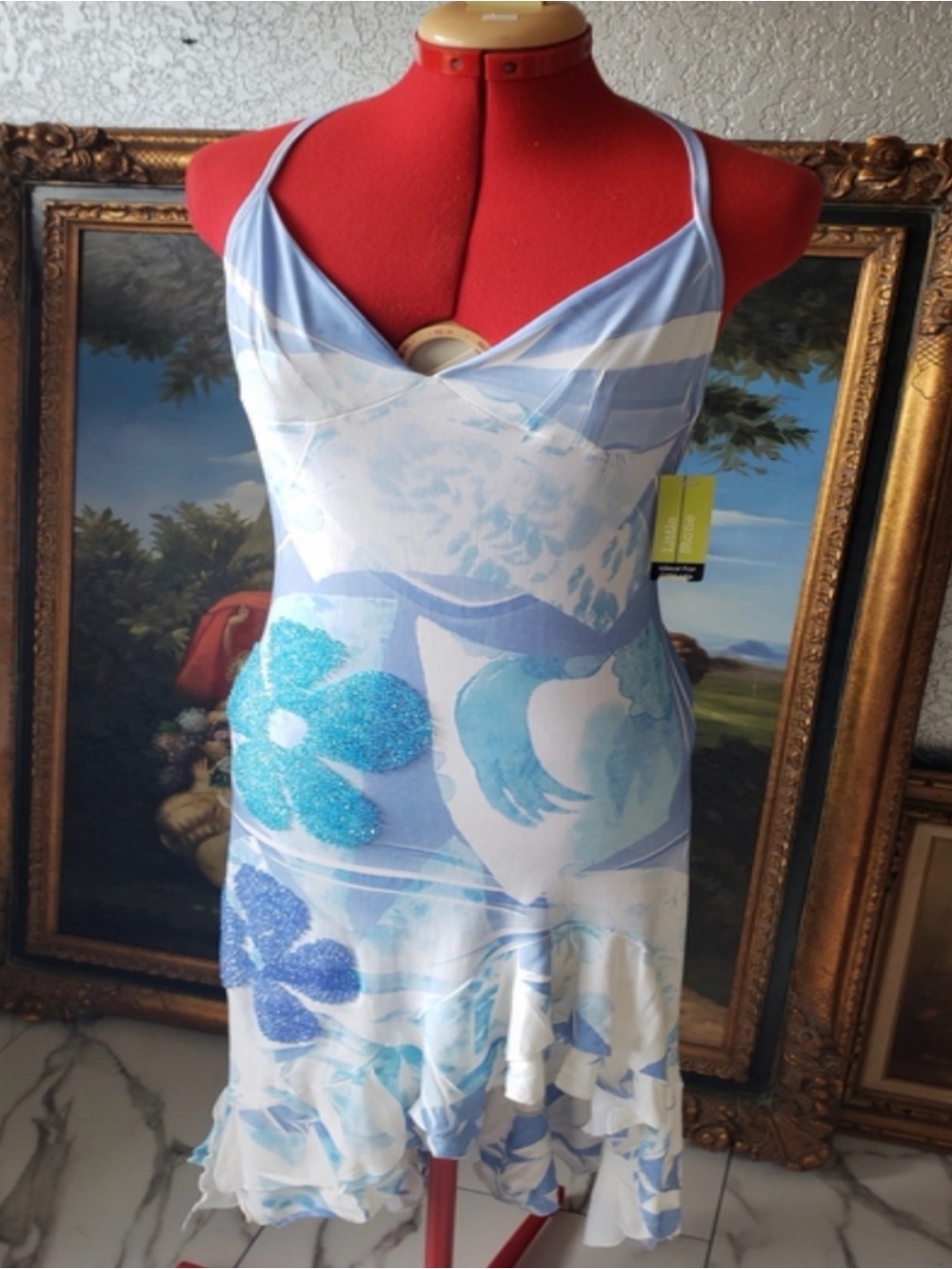 Asymmetrical Halter Blue and White Floral Slip Dress With Beaded Flowers